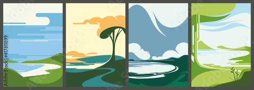 Set of summer nature posters. Collection of landscapes in flat style.