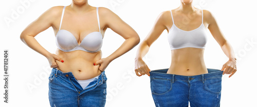 an overweight woman and after losing weight isolated on a white background