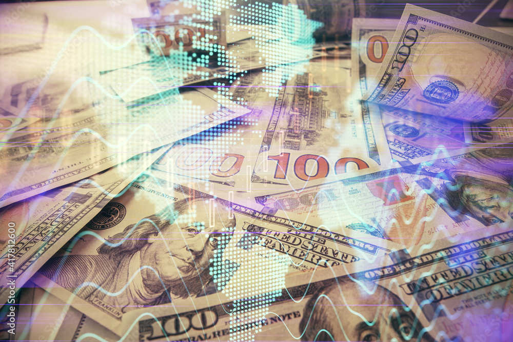 Multi exposure of forex chart drawing over us dollars bill background. Concept of financial success markets. Multi exposure of forex chart drawing over us dollars bill background. Concept of financial success markets.