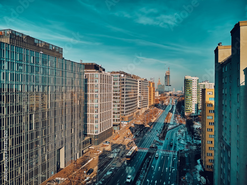 Beautiful panoramic aerial drone skyline view of the Warsaw City Centre with skyscrapers of the Warsaw City Centre, Poland, EU