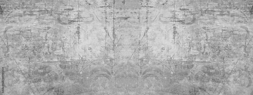 Old gray grey white vintage worn shabby patchwork motif tiles stone concrete cement wall texture background banner