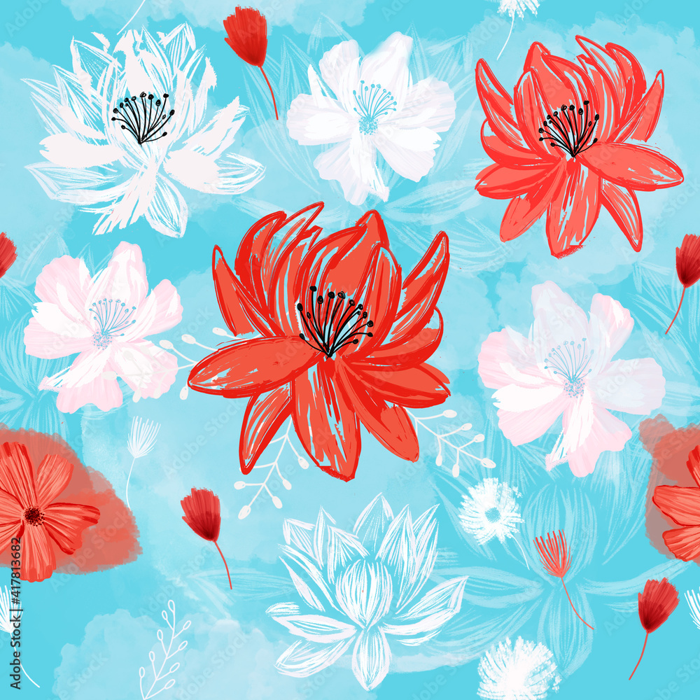 Seamless Floral Orange, White Vibrant Tropical Flowers on a Blue background. Surface design for fabric, packaging, wrapping paper, ads, banner, poster, wallpaper