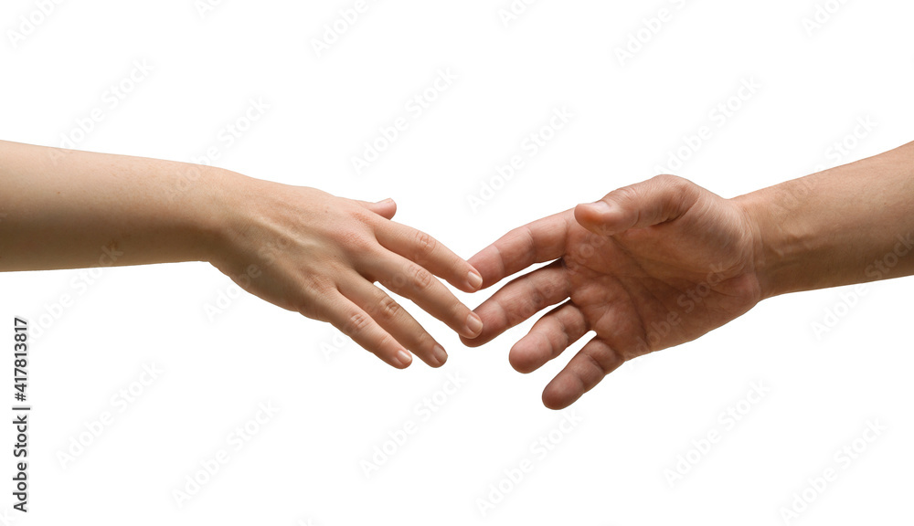 hands of a man and a woman hands reaching towards each other on a white background. Friendship and respect concept hands of a man and a woman hands reaching towards each other on a white background. Friendship and respect concept