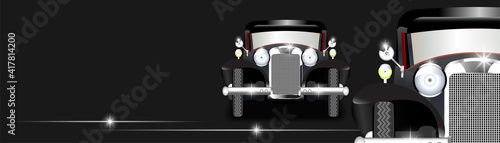 Rectangular dark banner, radiant highlights. Retro cars with large shiny headlights, rounded fenders and nickel-plated bumpers