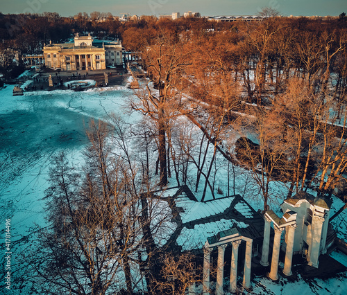 Beautiful panoramic aerial drone view of the Palace on the Isle (Polish: Palac Na Wyspie), also known as Baths Palace (Polish: Palac Lazienkowski), is a classicist palace in Warsaw's Royal Baths Park photo