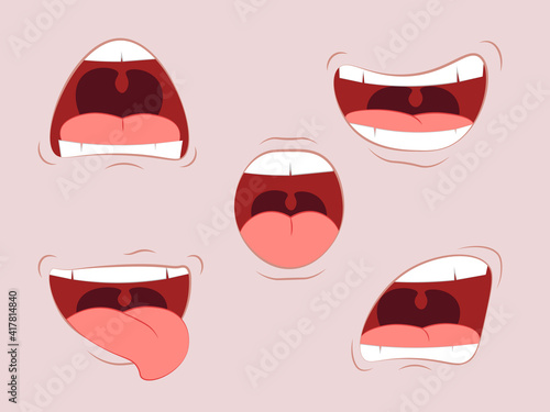 Mouth animation vector cartoon flat lips talk. Cartoon mouth expressions set. Vector illustration.