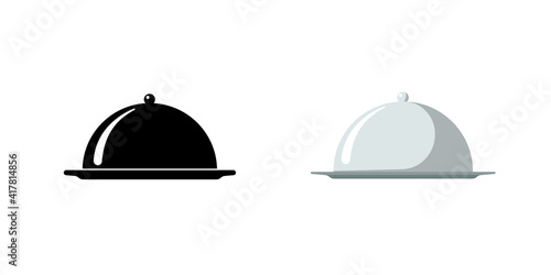 Restaurant cloche. Cafe food serving tray icon set. Covered dish symbol black and silver on white background. Food platter serving signs. Vector isolated illustration photo