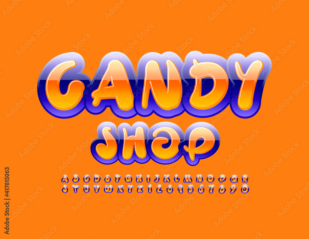 Vector glossy emblem Candy Shop. Bright artistic Font. Creative style Alphabet Letters and Numbers set