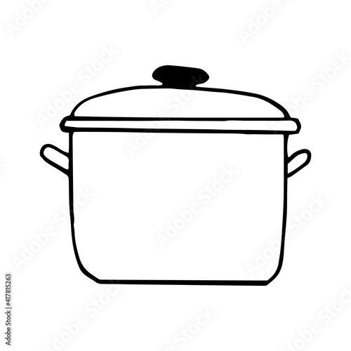 saucepan icon, sticker. sketch hand drawn doodle style. vector, minimalism, monochrome. dishes, cooking, food.
