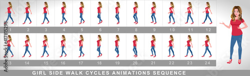 Girl Character side Walk Cycle Animation Sequence.  Frame by frame animation sprite sheet of  woman walk cycle. 