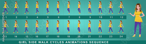 Girl Character side Walk Cycle Animation Sequence.  Frame by frame animation sprite sheet of  woman walk cycle. 