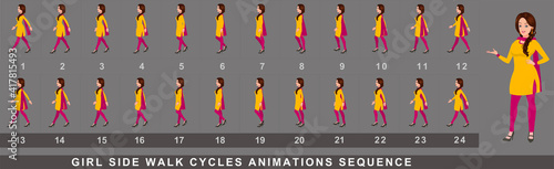 Girl Character side Walk Cycle Animation Sequence.  Frame by frame animation sprite sheet of  woman walk cycle. 