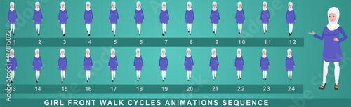 Girl Character Front Walk Cycle Animation Sequence.  Frame by frame animation sprite sheet of  woman walk cycle.