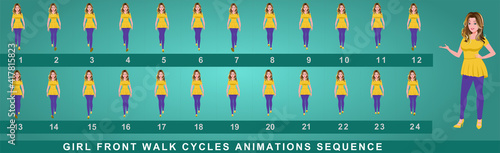 Girl Character Front Walk Cycle Animation Sequence.  Frame by frame animation sprite sheet of  woman walk cycle.
