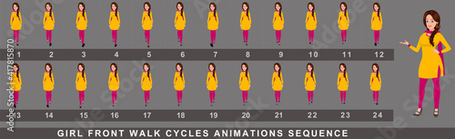 Girl Character Front Walk Cycle Animation Sequence.  Frame by frame animation sprite sheet of  woman walk cycle.