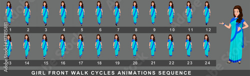 Girl Character Front Walk Cycle Animation Sequence.  Frame by frame animation sprite sheet of  woman walk cycle.