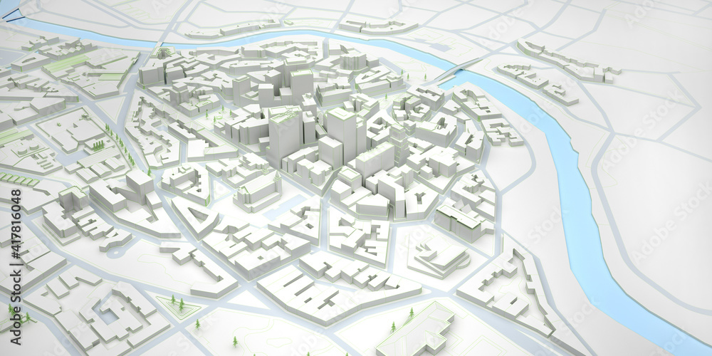 Obraz premium plain low poly city with river above view
