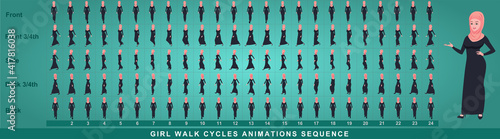 Girl Character Front Walk Cycle Animation Sequence.  Frame by frame animation sprite sheet of  woman walk cycle.