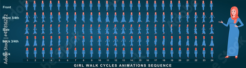 Girl Character Front Walk Cycle Animation Sequence.  Frame by frame animation sprite sheet of  woman walk cycle.