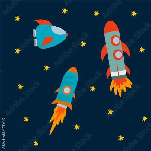 A set of Rockets in the solar system. Collection of vector illustrations of space transport. Bright intergalactic rockets for the design of children's illustrations. Vector illustration