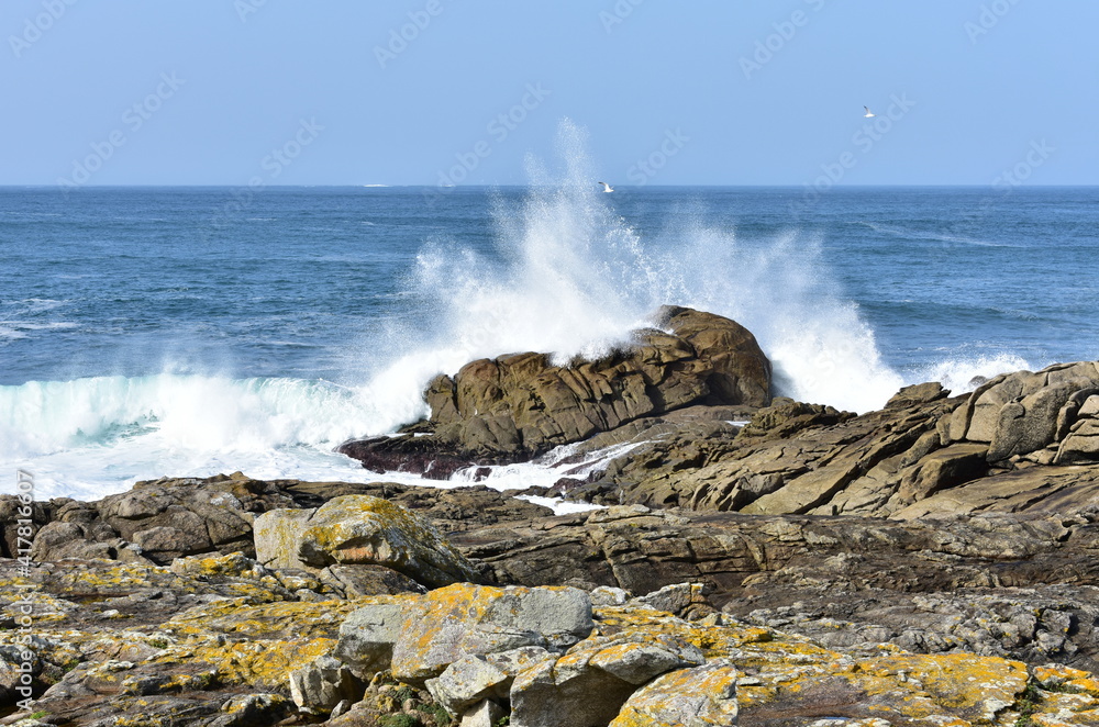 View from a cliff with waves splashing at famous Costa da Morte in Galicia Region. Coruña, Spain.