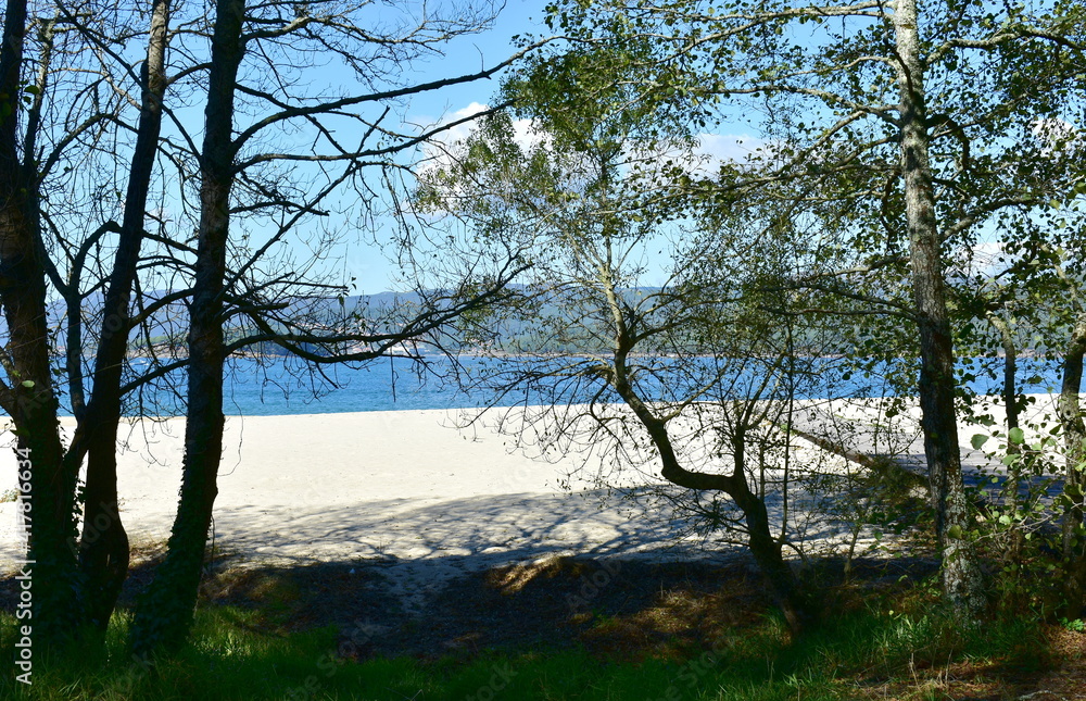 Bay with white sand beach and trees. Porto do Son, Coruña, Rias Baixas, Galicia, Spain. Bay with white sand beach and trees. Porto do Son, Coruña, Rias Baixas, Galicia, Spain.