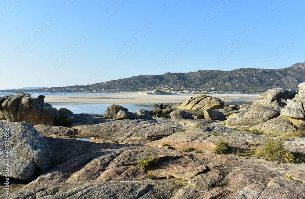 Carnota Beach or Playa de Carnota, the largest galician beach at famous Rias Baixas region. Coruña Province, Galicia, Spain.