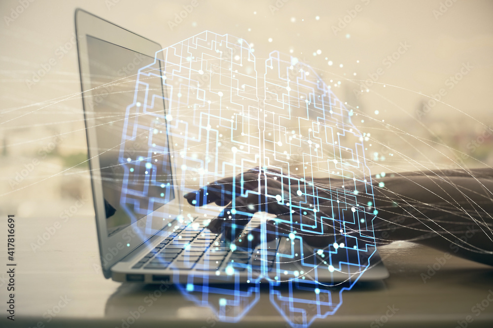 Multi exposure of woman hands working on computer and brain hologram drawing. Ai concept. Multi exposure of woman hands working on computer and brain hologram drawing. Ai concept.
