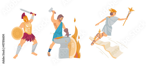 Pantheon of ancient Greek gods. Ancient Greece Gods Hephaestus, Zeus, Ares. Patrons of fire and crafts, war, sky, thunder and lightning
