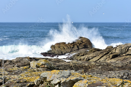 Obraz na płótnie View from a cliff with waves splashing at famous Costa da Morte in Galicia Region. Coruña, Spain. w salonie