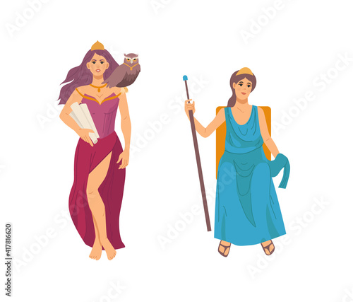 Pantheon of ancient Greek gods. Ancient female Greece Gods Athena and Hera. Hera, patroness of marriage and conjugal love. Athena, the goddess of wisdom cartoon vector