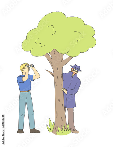 Detective and spy character looking through binoculars from bush, spying, spy in glasses peeks out from side of tree. Surprised secretive looking characters, spies spying on someone flat line