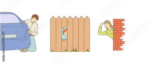 Man, woman kids peeping from behind wall, car, over fence, hill. Surprised smiling looking characters, playing hide and seek or spies spying on someone flat line