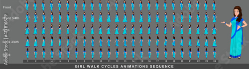 Girl Character Front Walk Cycle Animation Sequence.  Frame by frame animation sprite sheet of  woman walk cycle.