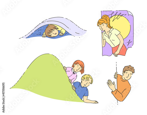 Man, woman kids peeping from behind the wall, from under blanket, corner of building, hill. Surprised smiling looking characters, playing hide and seek or spies spying on someone flat line