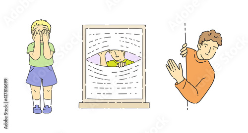 Man, children peeping from around corner of building, kid through slit of hands, between blinds. Surprised smiling looking characters, playing hide and seek or spies spying on someone flat line