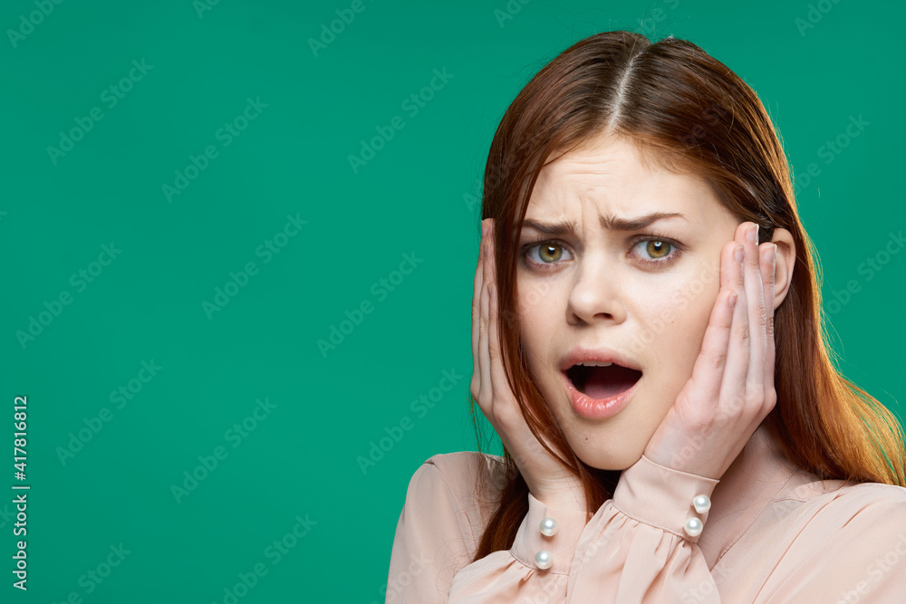 emotional woman surprised look emotions hand gestures green background emotional woman surprised look emotions hand gestures green background