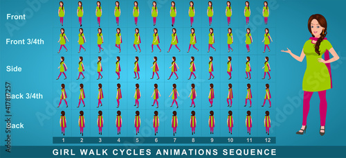 Girl Character Front Walk Cycle Animation Sequence.  Frame by frame animation sprite sheet of  woman walk cycle.