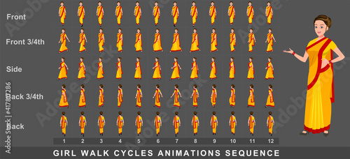 Girl Character Front Walk Cycle Animation Sequence.  Frame by frame animation sprite sheet of  woman walk cycle.