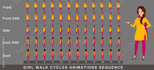 Girl Character Front Walk Cycle Animation Sequence.  Frame by frame animation sprite sheet of  woman walk cycle.