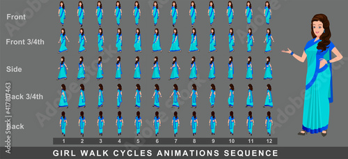 Girl Character Front Walk Cycle Animation Sequence.  Frame by frame animation sprite sheet of  woman walk cycle.