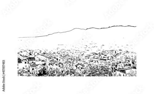 Building view with landmark of Monreale is the
city in Italy. Hand drawn sketch illustration in vector.