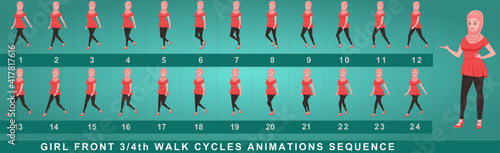 Girl Character Front Walk Cycle Animation Sequence.  Frame by frame animation sprite sheet of  woman walk cycle.