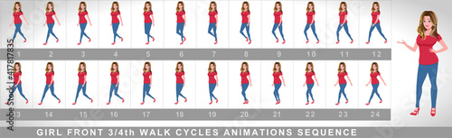 Girl Character Front Walk Cycle Animation Sequence.  Frame by frame animation sprite sheet of  woman walk cycle.