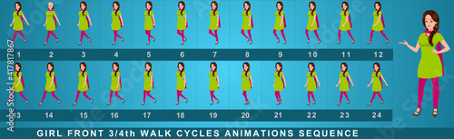 Girl Character Front Walk Cycle Animation Sequence.  Frame by frame animation sprite sheet of  woman walk cycle.