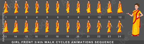 Girl Character Front Walk Cycle Animation Sequence.  Frame by frame animation sprite sheet of  woman walk cycle.