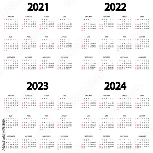 Calendar 2021, 2022, 2023, 2024 year. The week starts on Sunday. Annual calendar template. Yearly English calendar. Yearly organizer in minimal design. Portrait orientation