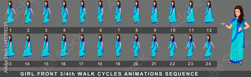 Girl Character Front Walk Cycle Animation Sequence.  Frame by frame animation sprite sheet of  woman walk cycle.