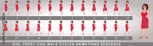 Girl Character Front Walk Cycle Animation Sequence.  Frame by frame animation sprite sheet of  woman walk cycle.