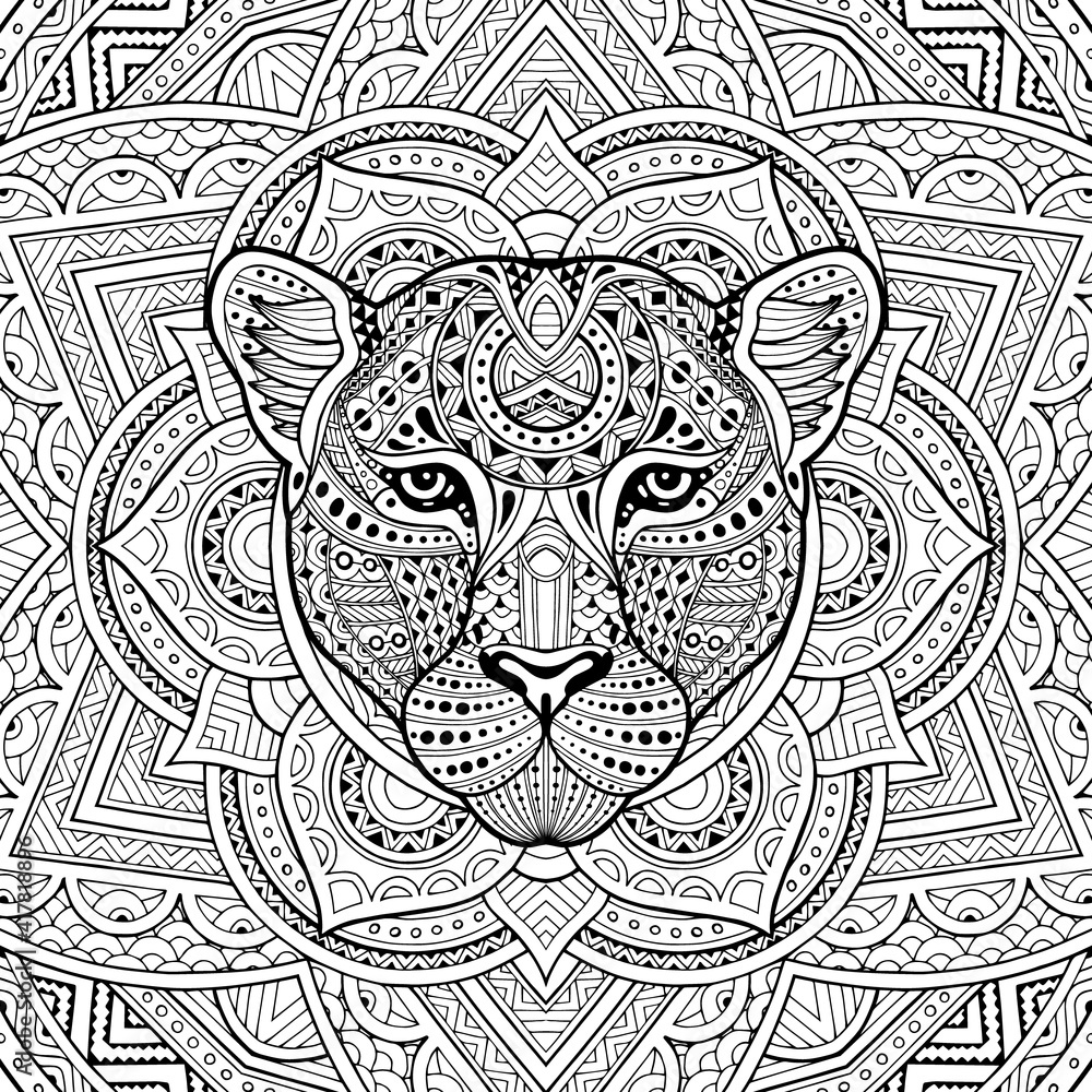 Patterned leopard, puma, panther, cat head in the zentangle style of a white background passing. Tribal ornament painted by hand. Series ethnic animals. African, Indian. Mandala. Ornament. Patterned leopard, puma, panther, cat head in the zentangle style of a white background passing. Tribal ornament painted by hand. Series ethnic animals. African, Indian. Mandala. Ornament.